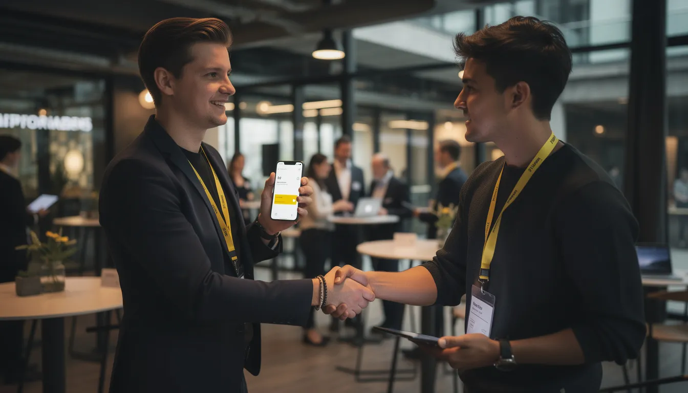 Startup Gründer beim Networking Event mit digitaler Visitenkarte